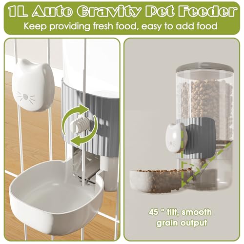 34oz Hanging Automatic Cat Food and Water Dispenser, 1L Auto Gravity Pet Feeder Set, Cage Cat Dog Feeder for Kitten Puppy Bunny Guinea Pig (Gray)