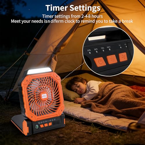 Solar Fan with LED Lantern - 10W Solar Panel Rechargeable Battery Powered Camping Fan for Outside, Portable Battery Operated Hurricane Supplies for Picnic, Barbecue, Fishing, Travel