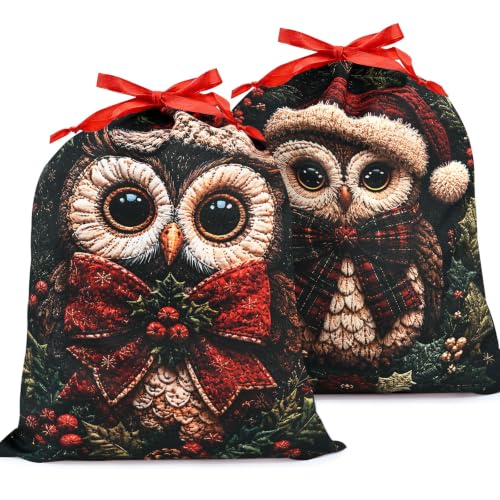 KzgtY Christmas Owl 2PCS Gift Bags with Drawstring, 16 x 12 Inch Reusable Present Sacks for Christmas,Brithday, Holidays,Parties & Gift Packaging - color: Christmas Owl