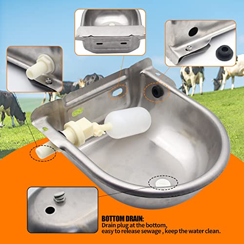 Automatic Livestock Water Bowl Float Valve Self-Filling Dog Goat Chicken | 304 Stainless Steel Animal Waterer Auto Refill, Horse Pig Cow Sheep Cat, Drainage, 3/4" GHT Hose & Mounting Bolts, Farm Ranch
