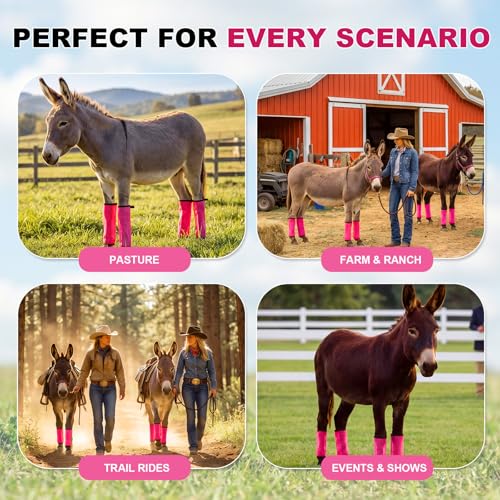 Donkey Fly Boots Set of 4, UV-Proof Breathable Mesh Leg Wraps with Built-in Nylon Support, Non-Slip Adjustable Closures, Summer Protection for Farm Donkeys, Pony, Mule(Mini,Pink,4) - color: Pink