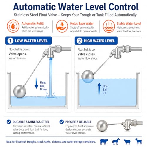 Stainless Steel Float Valve, 3/4" NPT Automatic Water Level Control Valve with 6" Float Ball, Adjustable Rod for Livestock Trough, Stock Tank, Water Tank, Pond, Farm Ranch Cattle Horse Goat