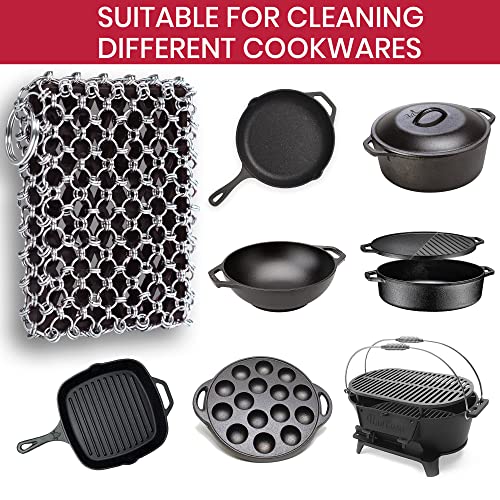 316L Cast Iron Scrubber Kit with Scraper Tool - Silicone Insert for Pan | Zylark Pan Cleaner Scrubber with Silicone Insert - Cast Iron Cleaning Kit - Chainmail Scrubber for Cookware - style: Black CIS with Scraper