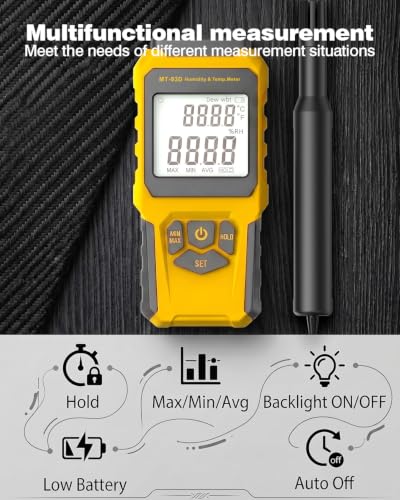 MT-93D Split Thermo Hygrometer HVAC Humidity Meter, Dew Point and Wet Bulb Temperature Reader, Flexible Spring Cord air Temp Probe, Backlit LCD, Data Hold MAX/MIN, ℃/℉, humidifier Greenhouse