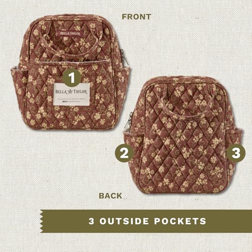 Bella Taylor Lunch Tote, Quilted Lunch Bag, Burgundy Floral | Lightweight quilted cotton lunch box, easy-to-clean PEVA lining, 3 outside/1 inside pocket, durable construction - color: Burgundy Floral