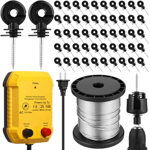 Electric Fence Charger Kit 1J 25 Mile 250ft Wire 50 Insulators | For Chickens Poultry Containment, 110VAC, Plug in Energizer with Aluminum Wire, Garden Pond Protection Setup - style: 1 Joule