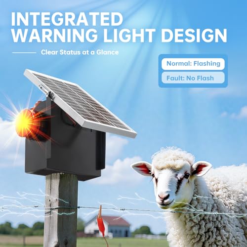 Solar Fence Charger with Warning Light, Briidea 1.2 Joules Solar Electric Fence Energizer, Dual Power (Solar & Adapter), Up to 10-Mile Range, IP64 Weather-Resistant, for Livestock, Garden & Pasture