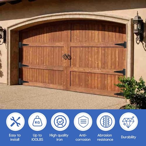 HOME MASTER HARDWARE 6" Heavy Duty Gate Hinges, 4 Pack T-Strap Hinge, Black | Steel Wought Hinges for Wooden Fences, Shed Door, Rotate 270 Degrees, 70LBS Capacity, Included Screws, Black Finish