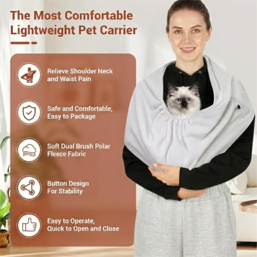 Hands-Free Cat Sling Carrier for Small Dogs & Cats, Soft Fleece | Wide Shoulder Strap for Back Pain Relief, 3-14 lbs Small Animals, Cozy Indoor/Outdoor (Grey) - color: Grey