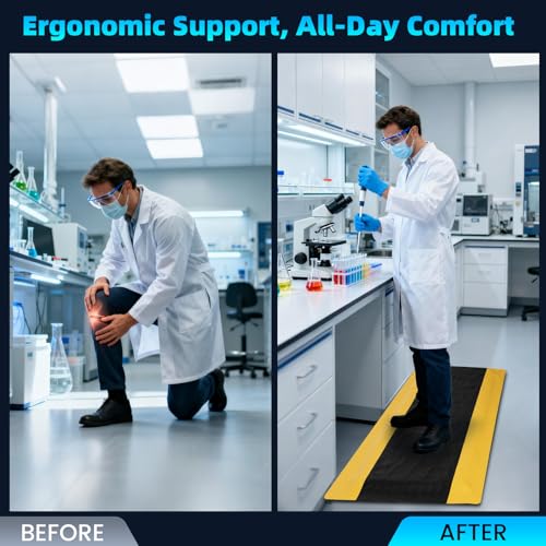 15/16" Anti Fatigue Mats Industrial,Thick Heavy Duty Commercial Grade Ergonomic Standing Mat 1.67' x 4'- Black/Yellow for Workshop, Garage,Sponge Base to Relieve Back & Leg Pain