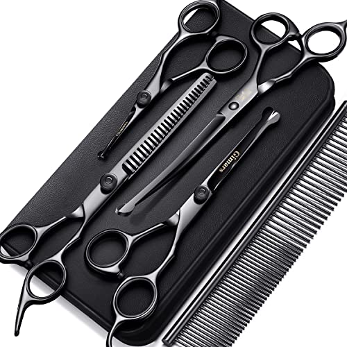 Gimars 7inch Professional 4CR Stainless Steel 6 in 1 Grooming Scissors for Dogs with Safety Round Tip, Heavy Duty Titanium Coated Pet Grooming Scissor for Dogs, Cats and Other Animals - style: 7inch Round Tip 6 in 1 Professional