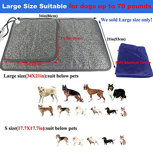 Pet Heating pad for Large Dog cat Heated Bed Dog Heating pad 34" x 21" with Soft Washable Cover Electric Heating pad Keep Pets Warmer Water Resistant Chew Resistant Cord
