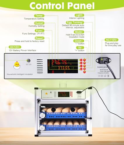 136 Eggs Automatic Egg Incubator with Auto Turner, Digital Temp Humidity Control & Water Refill, Poultry Incubator for Chicken Duck Goose Quail Pigeon Eggs, AC110V/DC12V Dual Power