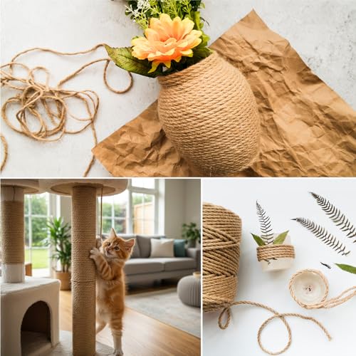 Natural Jute Rope, Heavy Duty Thick Rope, 1/4 in x 100 ft | For indoor and outdoor crafts, nautical rope decor, railings, hammocks, swings, gardening and tug of war - size: 1/4 in x 100 ft