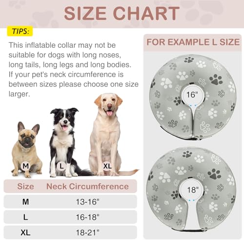 SCENEREAL Dog Cone Alternative After Surgery Donut Collar Soft | Pet Recovery Pillow Collar for Medium Large Dogs, Inflatable Adjustable Neck Collars to Prevent Licking, Grey Footprints L - color: Grey Footprints, size: L(Neck 16"-18")