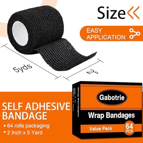 abotrie 64Pcs Self Adhesive Bandage Wrap, Black Athletic Tape, 2 Inx5 Yard | Elastic Self-Adherent Tape, Breathable Sports Wrap, Stretch Cohesive Bandage Wraps for Wrist Ankle Pet