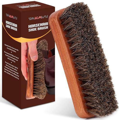 TAKAVU Shoe Brush 100% Genuine Horse Hair, Won't Scratch Leather (1 Piece) | Horsehair Shoe Shine, Buff & Polish Brush for Boots, Dress Shoes, Bags, Belts & Furniture, Concave Wood Handle - size: 1pc