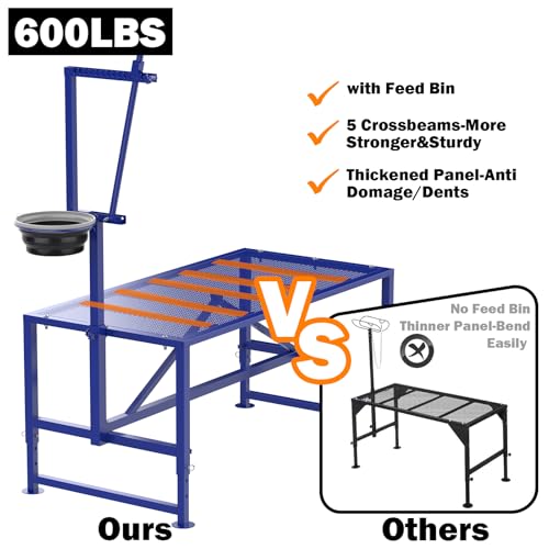 600 Lbs Goat Milking Stand with Feed Bin, Heavy Duty Goat Stand for Milking, Hoof Trimming & Grooming, Adjustable Goat Stanchion for Sheep and Goats, Iron Blue - color: Blue, size: L-47*23 Inch