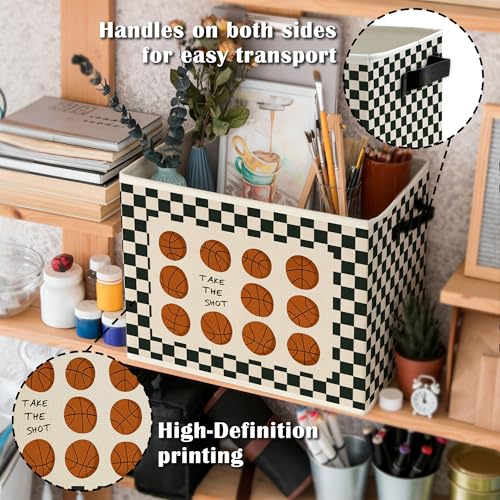 Vintage Basketball Nursery Storage Bins Box with Handles, Black and White Checkered Basketball Sports Collapsible Basket Organizer for Kids Boys Bedroom Playroom Bathroom Books Clothes - color: Color21
