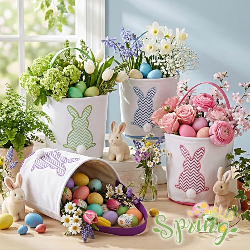 Honeydak 4 Pcs Easter Baskets for Kids Bunny Easter Egg Hunt Bags Canvas Tote Gift Bags Egg Buckets with Handles for Eggs Hunt, Toys, Candy, Gifts Party Favors(Pastel Stripe Bunny) - style: Pastel Stripe Bunny
