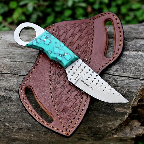 Custom Handmade 7'' fixed blade hoof rasp knife/Cow boy knife/Damascus steel Bull cutter cowboy knives with pancake leather sheath (SUSA 110) - color: SUSA 110