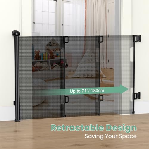 HAMOPY Retractable Baby Gates, 33" Tall, Extends up to 71" Extra Wide Baby Gate, Durable Auto-Lock Mesh Dog Gate, Pets and Child Safety Gates for Stairs, Doorways, Hallways, Indoor, Outdoor(Black) - color: Bk