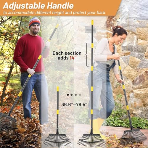 Garden Rake for Leaves - Heavy Duty Metal Leaf Rakes for Yard,Lawn,Shrub,Grass,Mulch,8.5" Small Head,6ft Adjustable Handle for Kids Adults - color: matte black, size: 11tine