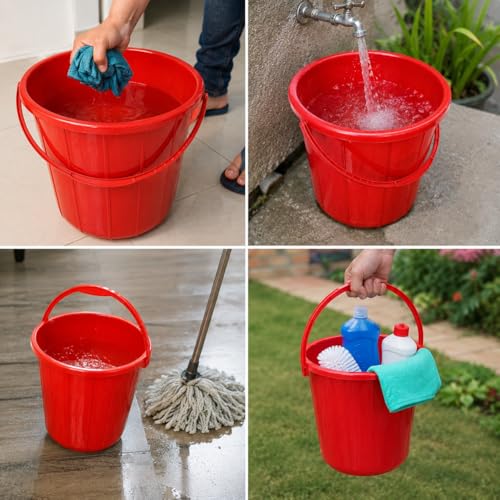 16 Liter Plastic Buckets with Handle (4 Pack) – 12 Inch Multi-Purpose Utility Buckets for Cleaning, Laundry, Gardening, Storage & Household Use – Red, Green, Orange & Blue