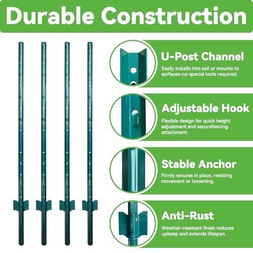 4.8ft Fence Posts, Pack of 10 - Sturdy Metal U-Post & Step-in Stake | No Digging Poles for Garden Wire Fencing and Yard Signs (Fits 4-ft Fence Mesh) - size: 4.8 Feet