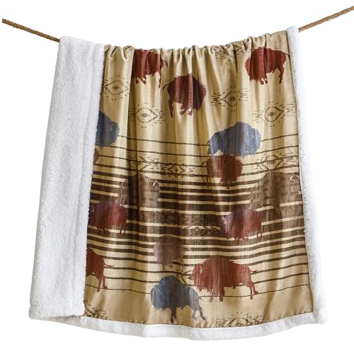 Indigo Hill by HiEnd Accents Home on the Range 54x68 Throw Blanket | Buffalo Bison Print with Aztec Pattern, Western-Style Sherpa Fleece Blanket for the Couch, Sofa, Bed, or Camping - color: Buffalo Bison