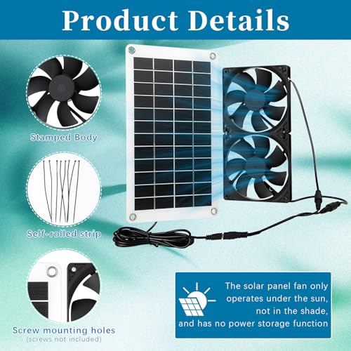 Solar Exhaust Fans Solar Ventilation Fan & Solar Panel with 10W Panel & Double Pack Brushless DC Fans for Greenhouses, Chicken Coops, Attics, Barns, Sheds & Dog Houses
