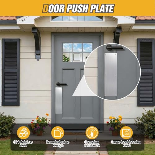 12" Door Push Plate Stainless Steel for Bottom,Exterior,Front Door | Dual-use door push plate and kick plate with 304 stainless steel construction protects doors from pet,shoes and daily damage. - size: 12'' Push Plate