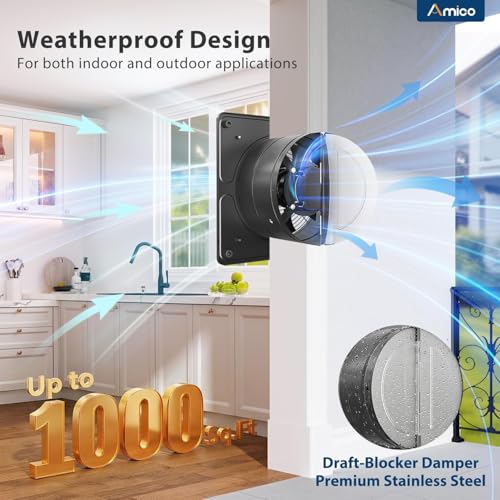Amico 10" Kitchen Exhaust Fan, Remote 9-Speed, 50W EC Motor, 1038 CFM | High Airflow Wall Mount Extractor Fan, Garage, Attic, Greenhouse, 8-Hr Timer, Low Noise 55dB, 3-Year Protection - size: 10 inch