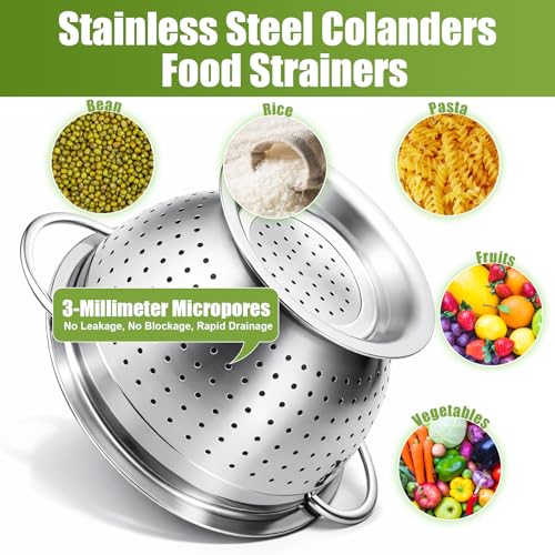 Palksky Stainless Steel Colander Set of 3, Nesting Metal Strainers with Handles and Raised Base, 7/8.7/11 Inch Kitchen Colanders for Pasta, Vegetables, Fruit, Rice, Salad and Meal Prep - color: 3 Sizes Colander Set with Handles
