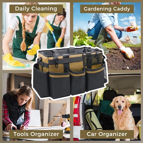 SCAVATA Wearable Cleaning Caddy Organizer with Handle & Shoulder Straps for Housekeepers, Under Sink & Car Cleaning Tool Organizer Bag with 4 Foldable Dividers (Tan) - color: Tan