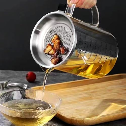 34oz Glass Oil Strainer Container with Fine Mesh Strainer for Bacon Grease, Nut Milk, Soy Milk, Tea Residues and All Purpose Straining (1L)