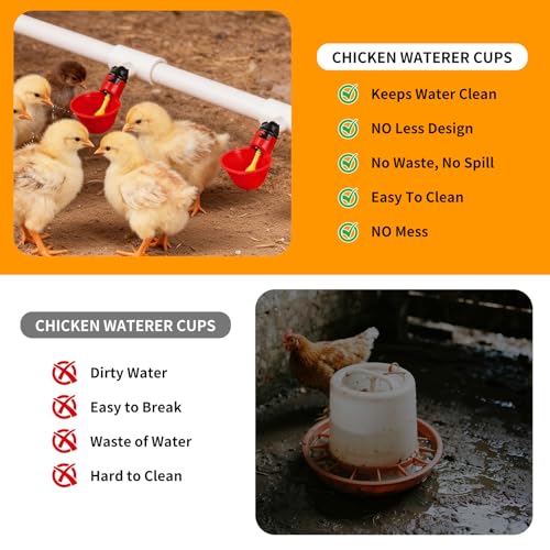 6 Packs Chicken Waterer Cups with PVC Tee Fittings, 1/8 Inch FTP Threads | Keep Clean Water, Automatic Poultry Feeder Cups Water Feeder for for DIY 1/2" Pipe System Chicks, Duck, Goose, Quail