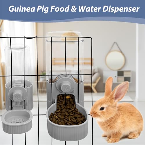 Fhiny Rabbit Food Dispenser, 40oz Large Capacity Hanging Gravity Bunny Feeder for Cage Automatic Guinea Pig Feeding Bowls Pet Food Storage for Bunny Guinea Pig Chinchilla Ferret Cat Puppy - color: Grey