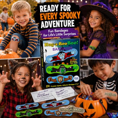Fun Monsters Adhesive Bandages from Hug-a-Booboo! Spooky Halloween Bandages That Hug! Favorite Scary Monster Characters - Vampire, Witch, Wolfman and Mummy with Hugging Arms! Fun as Stickers 24 Ct Box - size: 24ct, style: Spooky Monsters