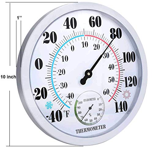 Indoor Outdoor Thermometer Hygrometer - Waterproof Hanging Wall Thermometer Decorative Outdoor Thermometer Large Numbers, No Battery Needed Outdoor Thermometers for Patio - color: White 10", size: 10 Inch