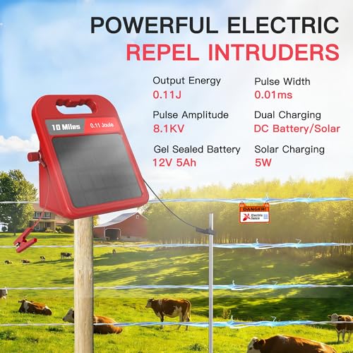 Solar Electric Fence Charger-0.11J-10 Miles, Maximum Output Voltage 8100V- Provide 24-Hour Uninterrupted Protection for Livestock and Yards with Rechargeable Solar Panel Red