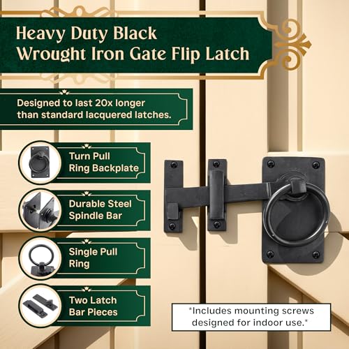 Black Wrought Iron Gate Ring Turn Latch Lock Set 6.5" W Light Duty Antique Latch Replica Pull Catch for Barn Doors Or Gates with Mounting Hardware Renovators Supply Manufacturing Pack of 4 - color: Black 6.5", size: Pack of 4