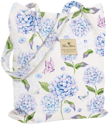 Miss Adola Corduroy Tote Bag for Women with Aesthetic Design | Magnetic Buckle & Pocket, Reusable, Soft, Roomy, Long Shoulder Handles, Double-sided Print, Casual Daily Work, Grocery Bags - color: Blue Hydrangea, size: Large