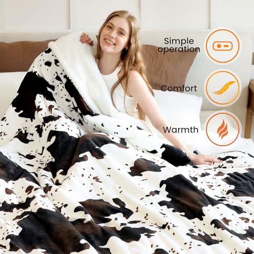 Heated Blanket Queen Blanket - Fast Heating Electric Blanket, Soft Heated Throw with 4 Time Settings,10 Heating Settings, Warm Gifts for Women Mom Grandma(84" x 90" Cow Print White) - color: 01 - Black Ombre-white, size: Queen 84" x 90"