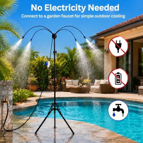 Standing Misters for Outside Patio, 5.3Ft Adjustable Misting System | Portable Mister with 26Ft Water Hose and Stable Tripod Base for Backyard Pool Garden Cooling