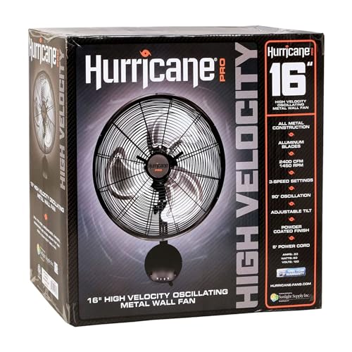 Hurricane Pro High Velocity Oscillating Wall Fan, 3 Speeds, Black, 16in | Metal - Wall Mount Corded Electric Air Cooling Unit w/ Powerful 2400 CFM Airflow for Home, Garage, Gym, Workshop & Greenhouse - style: 16" High Velocity