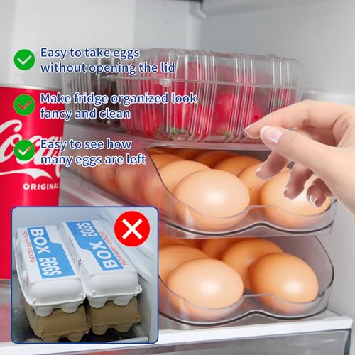 MesRosa Egg Holder for Fridge, Automatic Rolling Egg Organizer -3 Layer | Stackable Clear Egg Container & Tray for Refrigerator, Durable Dispenser and Storage with Sturdy Lid to Saving Space - size: 3 Layer Holder 42 Eggs