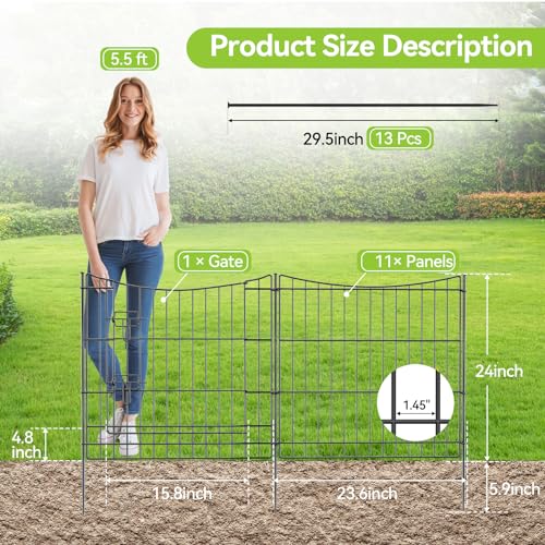INJOPEXI Garden Fence 12 Panels 23.6ft(L)×24in(H) Decorative Garden Fences with 11 Panels + 1 Gate, Rustproof Metal Wire Temporary No Dig Rabbit Animal Barrier Fencing Dog Fence for Yard Patio Outdoor - size: 12 Panels 23.6ft(L)-24"(H) - With Gate