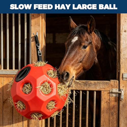 2 Pack 15.75" Horse Treat Ball with Hanging Strap, Horse Feeders for Stalls, Slow Feed Hay Feeder Toy Hay Ball for Horses Goats Sheep Ponies, Red