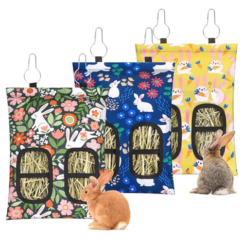 3 Pcs Rabbit Hay Feeder, 2-Hole Hanging Guinea Pig Hay Bags Washable Bunny Hay Bag for Rabbits, Chinchillas, Hamsters, Small Pets and Animals (11.8"×8.7") - color: Green,Yellow,Blue